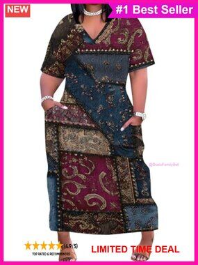 Plus Size Denim Print Maxi Dress V-Neck Short Sleeve Casual